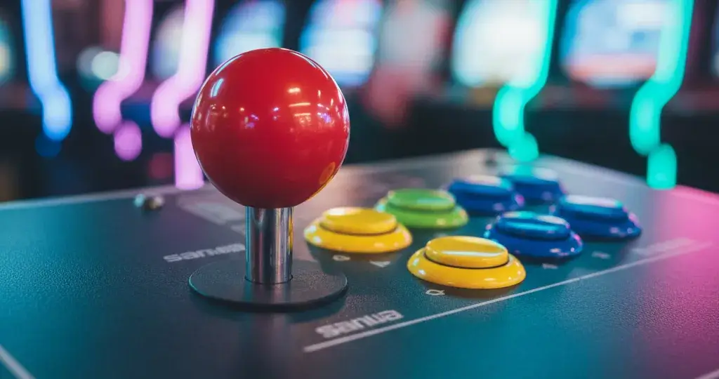 Zbliżenie na precyzyjne joysticki Sanwa i przyciski w automacie arcade